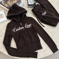 Ensemble de survêtement en coton vieilli pour femme, avec logo personnalisé, veste à capuche zippée et pantalon évasé, ensemble deux pièces, ensemble sweat à capuche et jogging