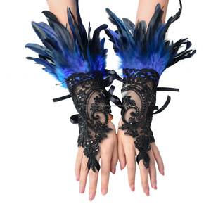 Women's Halloween Bleached Pattern Lace Hook Gloves Dark <strong>Feather</strong> Sleeve <strong>Cuffs</strong> for Party Cosplay Carnival Stage Show Costume - Product Image 6