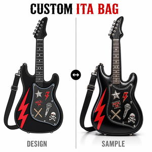 Bolso Ita con forma de <span class=keywords><strong>guitarra</strong></span> personalizada, con ventana de remaches plateados, dije esmaltado de banda de rock y diseño de seis clavijas de afinación y diapasón, con correa de nailon ajustable - Product Image 1