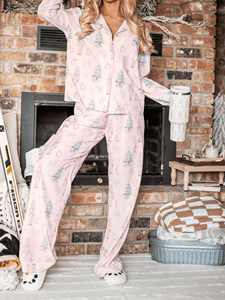 Conjunto de Pijama Personalizado con Estampado Festivo para Mujer, de Bambú Rosa, Manga Larga, con Botones, Ropa de Dormir de Tencel Modal - Product Image 3