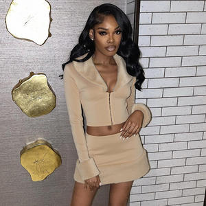 ファー パッチワーク 2ピース スカートセット レディース 衣装 ディープVネック クロップトップ + スカート 女性用 ストリートウェア ハイウエスト スカートセット - Product Image 5