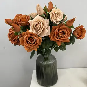 ดอกไม้ประดิษฐ์ทำจากดอกกุหลาบสัมผัสของจริง3หัวสำหรับตกแต่งงานแต่งงานผู้จำหน่ายระดับโกลด์