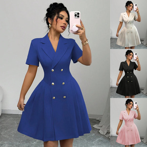 Abito Estivo Vintage da Donna AliExpress, Nuovo Modello a Mezza Lunghezza in Tinta Unita con Inserti in Poliestere, Stile Europeo e Americano - Product Image 2