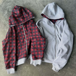 Sweat-shirts à capuche zippés en molleton double couche réversible 430 GSM, doublure en flanelle à carreaux écossais, pour femmes et hommes - Product Image 1