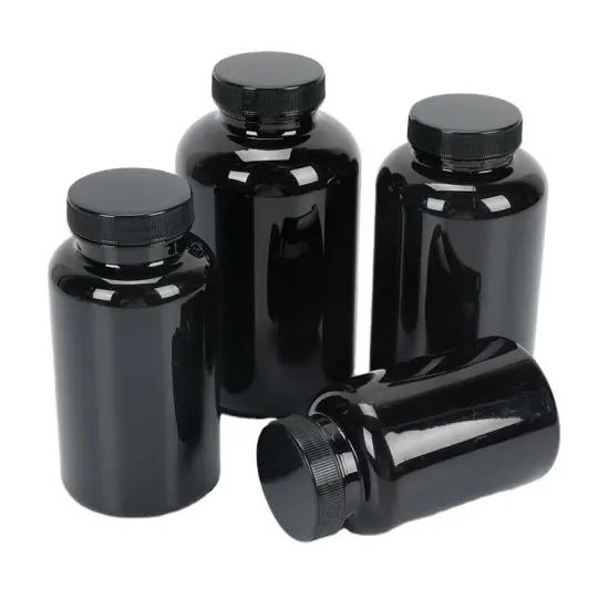 In stock 400cc Black PET Health Care Plastic Packer Pill Bottle With 45mm Neck Black Ribbed Lid