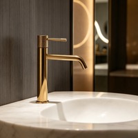 Robinet de lavabo moderne à poignée unique, court, en laiton doré rose, à montage sur comptoir, avec valve en laiton, eau froide et chaude, pour usage hôtelier