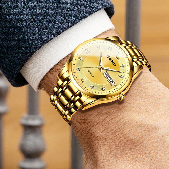 Men's Luxury Cartoon Quartz Watch Golden Steel Band Waterproof Double Calendar Fashion Business Watch Cross-border Explosions
