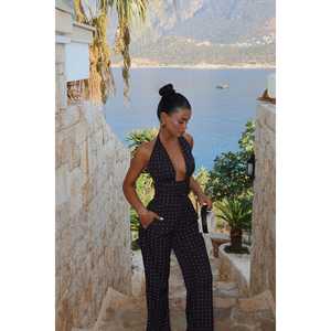 Combinaison noire à pois avec détail rose, taille haute, coupe ample - Vêtement de fitness style club pour femme, tricot ajouré pour l'été - Product Image 5