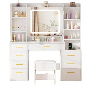 Table de toilette blanche <span class=keywords><strong>avec</strong></span> <span class=keywords><strong>miroir</strong></span> sur plateau en verre, éclairage LED, 8 tiroirs, 7 étagères ouvertes, 12 crochets, prises électriques, tabouret de chevet - Product Image 1
