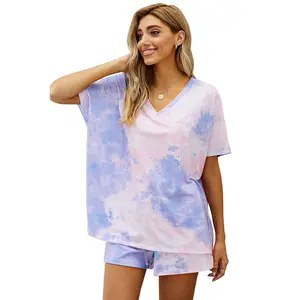 Lựa chọn tốt nhất v-cổ ngắn tay áo in đàn hồi ban nhạc Pijama Bộ TIE DYE của phụ nữ Pajama