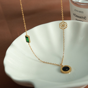 Collier pendentif en acier inoxydable, or, motif floral rond géométrique, chaîne de clavicule pour usage quotidien, pour femmes - Product Image 4