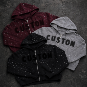 Sudadera con capucha para hombre de algodón rasgado con pedrería personalizada, con cremallera, estilo vintage desgastado y lavado ácido - Product Image 1