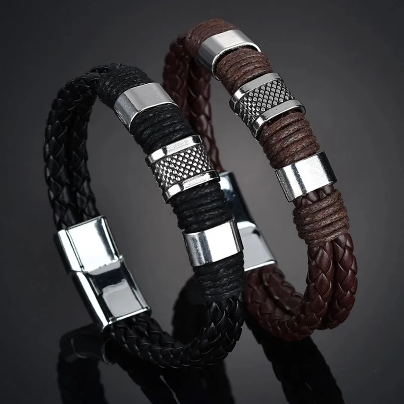 Pulseiras masculinas, novas pulseiras de couro trançadas, pretas, marrom, de aço inoxidável