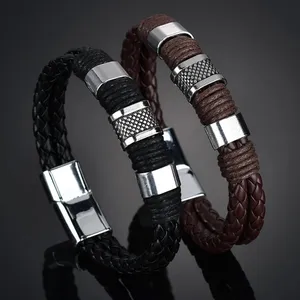 Pulseras de cuero trenzado Punk para hombre, de acero inoxidable, color negro y marrón