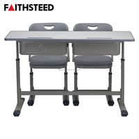 Ensemble bureau et chaise double gris pour étudiants, hauteur réglable, poste de travail en classe avec structure en acier robuste pour l'étude