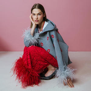 Wholesale 2026 Fashionable Women's 100% Cotton Embroidery Zipper Closure <b>Hoodie</b> With <b>Fur</b> Sleeve Hem - Product Image 5