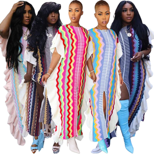 Automne 2025 femmes vêtements décontractés pour femmes élégant ample Maxi <span class=keywords><strong>Falbala</strong></span> côtes tricot épais pull robe automne rayé fente longue jupe - Product Image 2