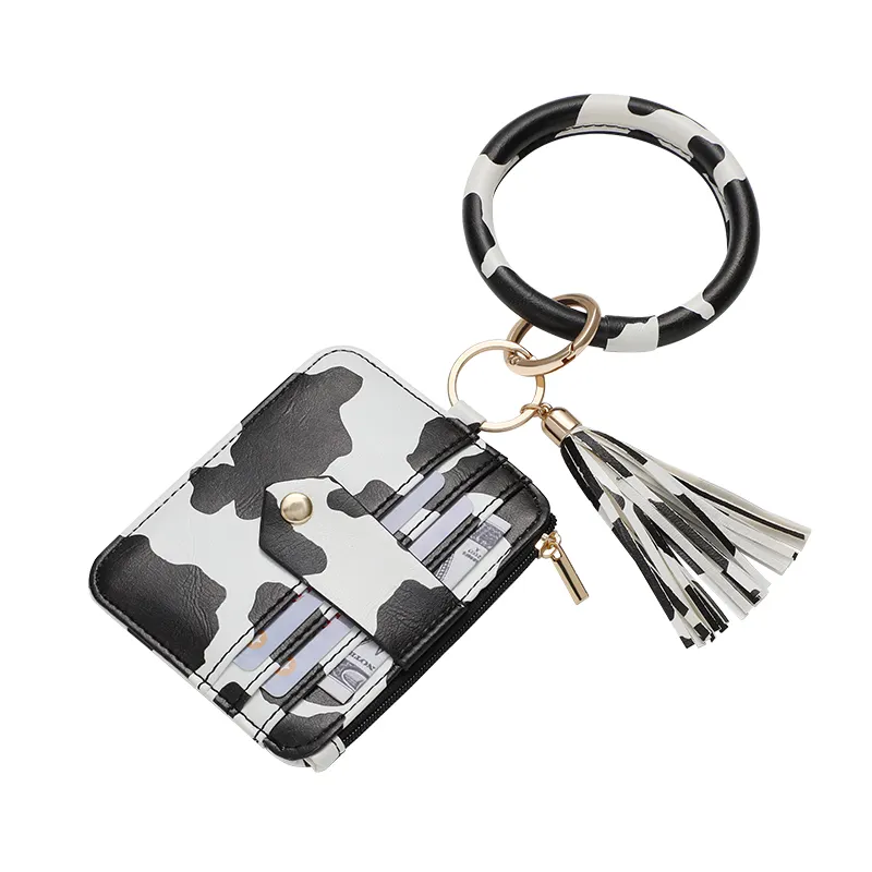 Cow Print PU Leather Coin Purse Women Clutch Wallet Keychain With Wristlet Bangle Bracelet