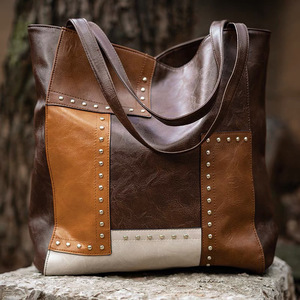 Sacs à main pour femmes rétro à grande capacité avec fermeture à bouton, imperméables en PU, à bandoulière unique, couleur contrastée - Product Image 3