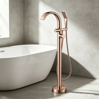 Robinet de douche sur pied moderne en or rose brossé avec jet de pluie, 1 poignée, hauteur 1065 mm, pour salle de bain