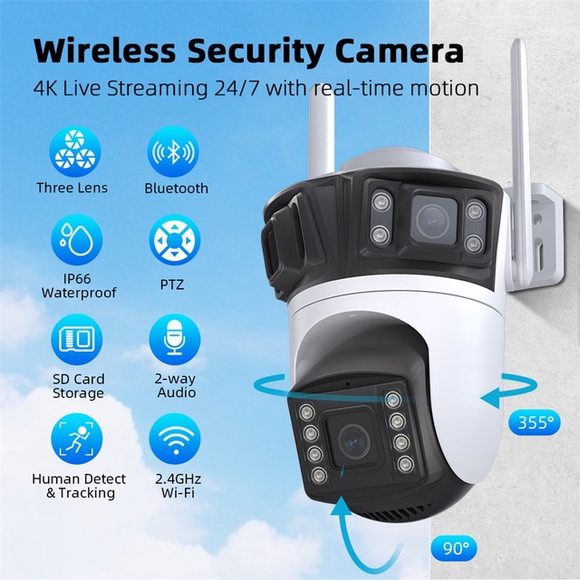 Triple Lens Home Security Camera Wireless Outdoor Wifi Security CamerColor Night Vision PTZ Network Camera