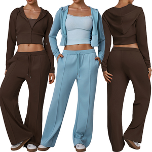 FH Solid Custom Zip Drawstring Yoga Set High Waist Wide Leg Pants Two Piece Loose Fit Breathable Four-Way Stretch Sportswear