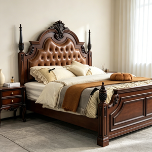 Traditional Queen Size Solid Mahogany Bed with Genuine Leather Tufted Upholstery and Carved Wood <b>Frame</b> - Product Image 5