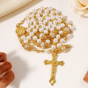 Collar de Rosario de Perlas Doradas de 8mm al por Mayor, Joyería Religiosa con Cruz y Cadena de Cuentas, Precio de Fábrica, Cruz para Colgar en el Coche - Product Image 3