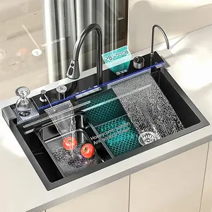 Wastafel dapur mewah tersembunyi hitam modern Multifungsi, wastafel dapur air terjun 304 stainless steel