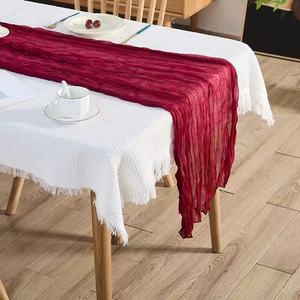 Chemin de table en voile froissé avec franges à pompons, style bohème, nappe pour décoration de mariage, vente en gros - Product Image 5