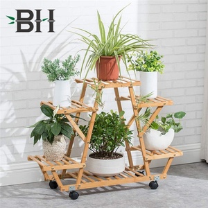 屋内植物用ホイール付き多層ローリング竹植物スタンド