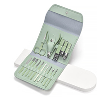 Kit de manucure et pédicure professionnel 16-en-1, vert clair, en acier au carbone, ensemble de soins des ongles, étui en cuir PU, coupe-ongles