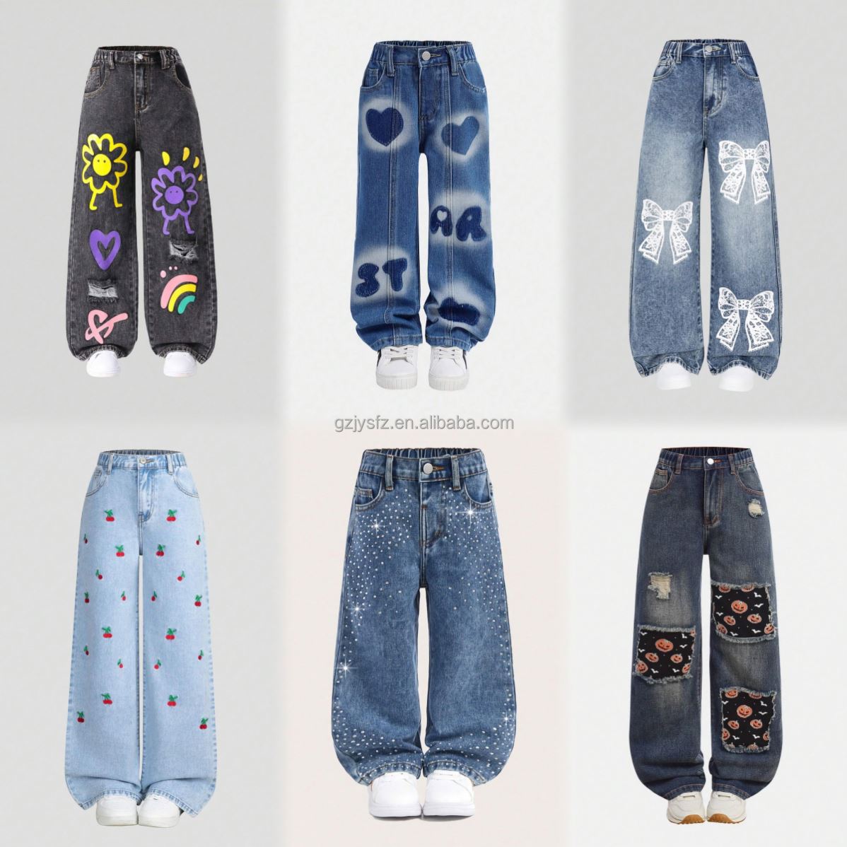 2026 Wholesale Cheap Girls' Casual Elastic Band Loose Bow Printed Patch Children's Jeans