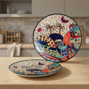 Assiette de service ronde en céramique artisanale, style bohème, durable, lavable, vaisselle, 300 mm, assiette décorative en céramique artisanale bohème - Product Image 1