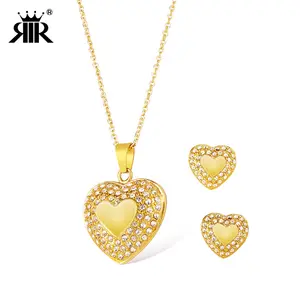 beautiful ladies heart shaped stainless steel zircon pave set large rose gold pendant necklace with heart earrings