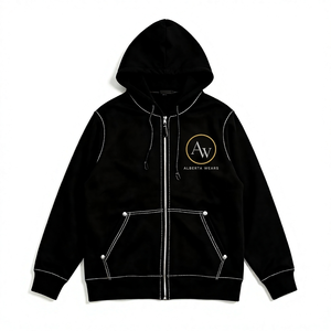 เสื้อฮู้ดดี้ผู้ชายสีดำแบบซิปเต็มตัวทรงโอเวอร์ไซส์ลำลอง ยี่ห้อ Alberta Wears พิมพ์ลายโลโก้ที่คอหลัง เหมาะสำหรับใส่ในฤดูใบไม้ผลิ ผลิตจากผ้าฝ้าย 100% - Product Image 1