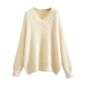Dalang Sweater Factory Pull en maille ample à col en V pour femme, Automne Hiver, Couleur unie, Anti-boulochage, Jaune Rose Blanc - Product Image 1