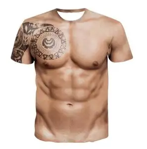 Ecovalson新款时尚男士3d t恤搞笑印花胸毛肌肉短袖夏季男士t恤t恤