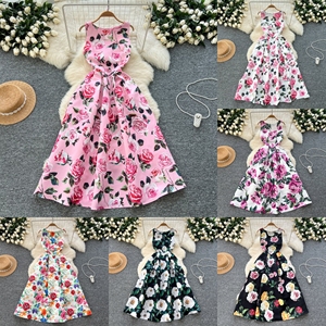 Vestido Midi Casual de Primavera para <span class=keywords><strong>Mujer</strong></span>, Estilo Vintage, Corte Ajustado, Sin Mangas, Estampado, con Encaje - Product Image 1