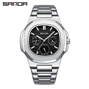 Montre-bracelet pour homme Sanda 7053 classique à six aiguilles, carrée, étanche, décontractée, pour affaires, bracelet en acier inoxydable, montre à quartz - Product Image 1