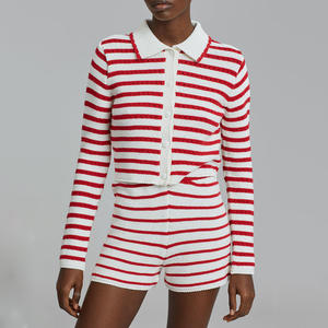Suéter de punto de manga larga con cuello redondo para <span class=keywords><strong>mujer</strong></span>, Top corto a rayas, cárdigan y pantalones cortos sueltos, conjunto de dos piezas, otoño <span class=keywords><strong>2022</strong></span> - Product Image 4