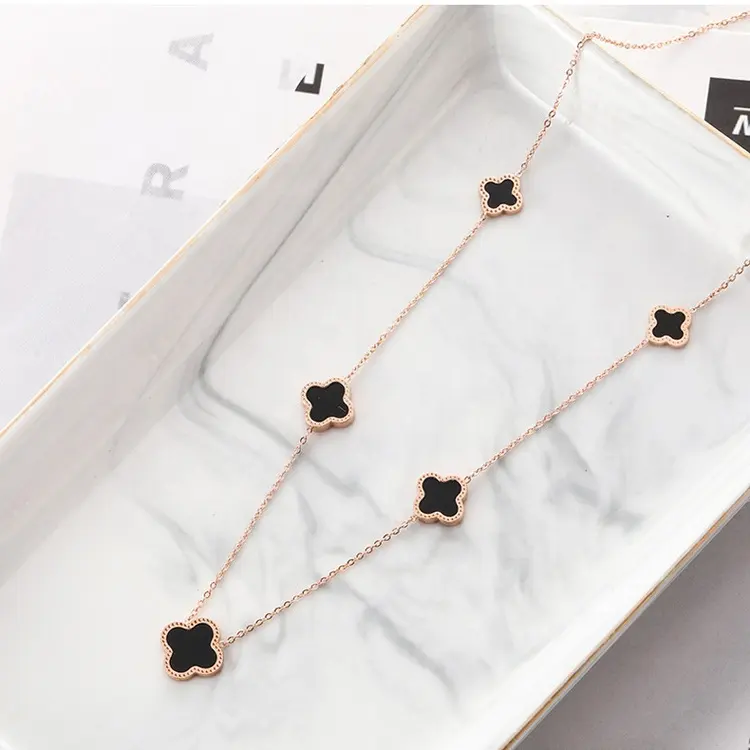 High quality gold plated extra long heart pendant necklace jewelry stainless steel clover leaf necklace for women