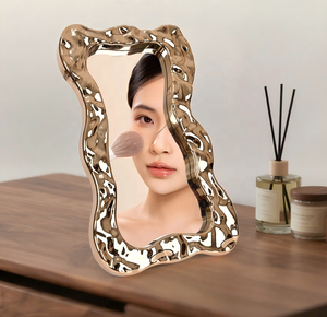 Espejo Cosmético de Alta Gama con Diseño de Ondas de Agua, Marco de Plástico, Irregular, de Lujo, para Hogar, Escritorio, Oficina, Espejo HD - Product Image 1