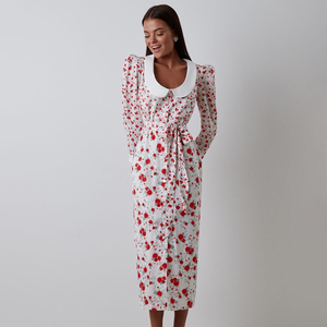 <span class=keywords><strong>Abito</strong></span> Midi Vintage da Donna con Cintura, <span class=keywords><strong>Spacco</strong></span> Frontale e Maniche Lunghe, Vestito Floreale Autunnale - Product Image 1