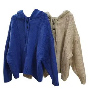 Heavy Knitted Women's Casual Commuter Top Autumn/Winter New Hooded Sweater with Woven Texture Buckle Crew Neck Long Length