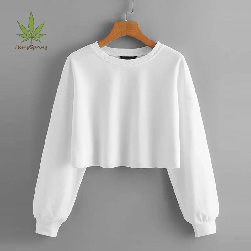 Bio Hanf Plain Sweatshirt Rundhals ausschnitt Crop Top Sweatshirt Langarm Französisch Terry Sweatshirts Sweat Crop Top