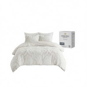 Ensemble de housse de couette en coton chenille damassé capitonné 3 pièces blanc classique pour la maison - Product Image 1