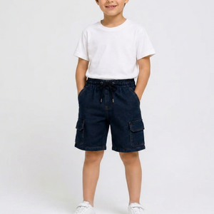 Kids Denim <b>Cargo</b> Shorts Unisex Winter Casual Breathable Cotton Embroidered with Pockets <b>White</b> T-Shirt Matched Look - Product Image 1