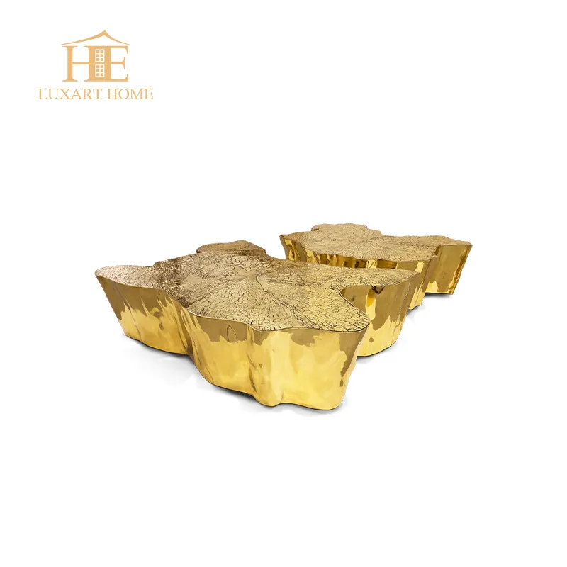 Modern custom design center low tables with metal base Luxury Irregular shape etched brass top side coffee table set