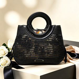 Stylish Vacation <b>Ladies</b> Black Mesh Woven Tote <b>Bag</b> Round Leather Handle Drawstring <b>Side</b> Beach Travel Handbag - Product Image 1